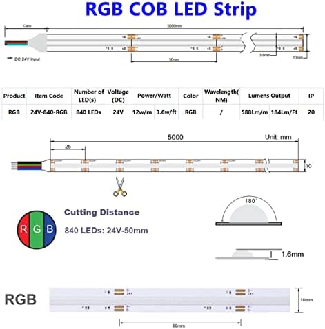 Boarda RGB COB LED Strip,24V 840 LEDs/m CRI90+ FCOB Flexible RGB LED Tape,5m 4200 LEDs Super Bright RGB COB LED Strip for Cabinet,Kitchen DIY Lighting Project