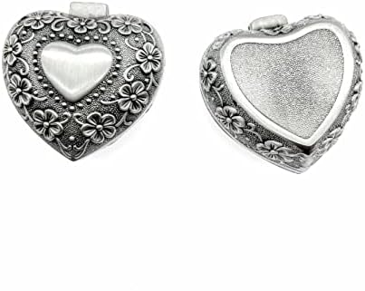 JZK 2x Metal velvet small trinket box with lid, Victorian style carved ring box, vintage heart shaped jewellery keepsake gift box small, earrings storage case