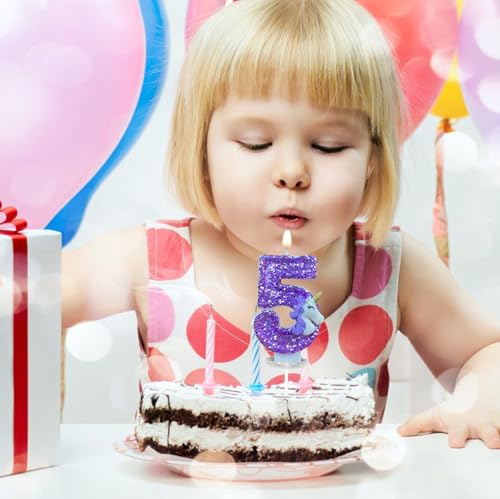 Ovanda Kerze 5 Geburtstag Mädchen, Einhorn Tortendeko Kerze 5, 3D Regenbogen Einhorn Geburtstagskerzen, Kerzen Zahlen 5 Lila, Geschenk Mädchen 5 Jahre, Einhorn Deko Kindergeburtstag 5