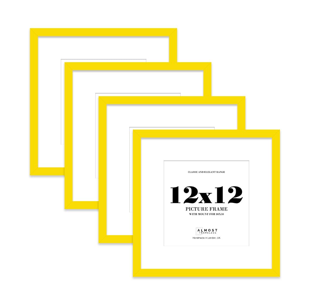 12x12 Yellow Picture Frame with Mount for 10x10 Photos, Prints - Modern Square Wall Frame, Set of 4