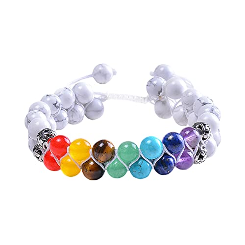 Ornaous 7 Chakra Stone Beaded Strand Bracelets, Double Layer 8Mm White Howlite Beads Bracelets With Braided Rope For Mens/Women #TOP12