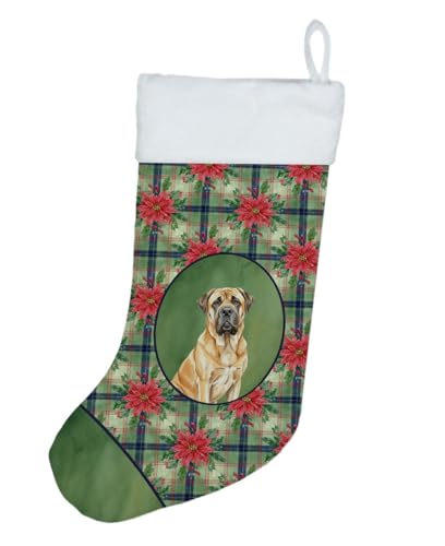 Caroline's Treasures Fawn English Mastiff Christmas Poinsettas Holiday Stocking Double-Sided Print, Polyester Suede,11x18, Made in USA