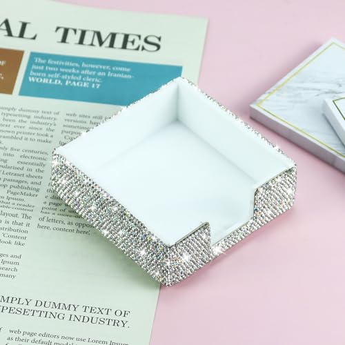 MultiBey Rhinestone Sticky Note Holder, 4 x 4 Inches Post it Note Dispenser Cute Self Sticky Note Pad Holder, Bling Sticky Memo Holder for Desk Office Home Supplies (Silver) - Thumbnail 4