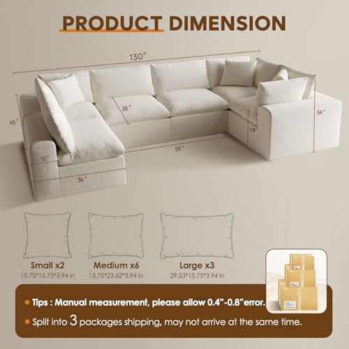 Image of 130 inch Boneless Cloud Couch, Modular Sectional Couches for Living Room, U Shaped with Deep Seats, No Assembly Required, 6 Seater Washable Fabric Sleeper Sofa, White
