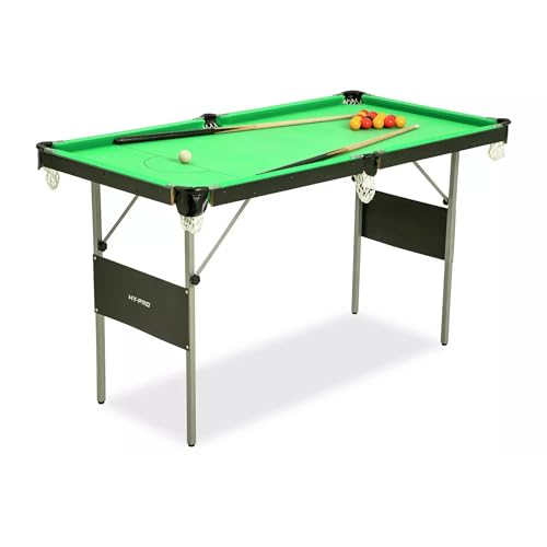 Hy-Pro 4ft 6in Folding Snooker and Pool Table - Space Saving Folding Design, Games Table, Family Games, Kids and Adults, with 2x 36 Inch Cue, 38mm ball set, Chalk and Triangle, Great Gift Idea Hy-Pro 4ft 6in Folding Snooker and Pool Table - Space Saving Folding Design, Games Table, Family Games, Kids and Adults, with 2x 36 Inch Cue, 38mm ball set, Chalk and Triangle, Great Gift Idea