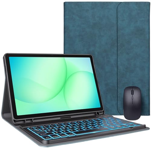 ROKEYBOR for Galaxy Tab A11 Plus case with Keyboard & Galaxy Tab A9 Plus 10.9inch Mouse and 7 Color Rainbow Backlight Magnetic Keyboard PU Leather Cover with Pencil Holder for Galaxy A11+/A9+ Green