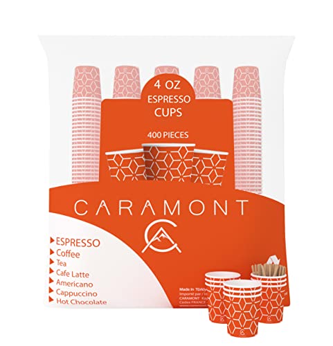 Caramont,4 Oz 400 Espresso Gobelets en Carton avec Agitateurs en Bois,Écologique et Jetables,Résistant à la Chaleur,Carton de Qualité,Idéal pour Toutes Les Boissons Chaudes ; Café,Thé,Chocolat etc.