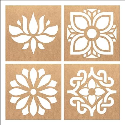 STASH HOUSE Wooden Rangoli Stencils Set of 4 for Diwali Decoration | Home Decoration (4 pcs, 6x6 inches) (R1) (R8)