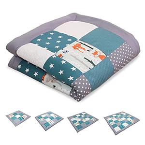 ULLENBOOM ® kruipdeken l speeldeken in de maten 120×120 cm, ideaal speelkleed voor in de box I bosdieren petrol