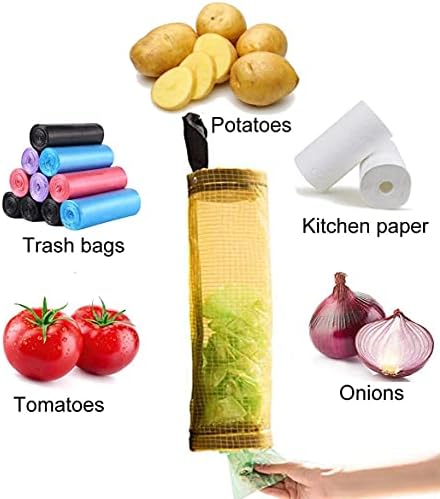 Plastic Bag Holder 2Pcs, Hanging Mesh Garbage Bags with 2 Hooks, Folding Garbage Bag Organizer, Household Recycling Storage Dispensers for Home and Kitchen (Black+Yellow)