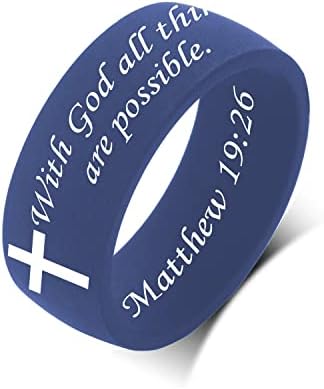 SHNIAN Broad Index Finger Ring Dark Blue Silicone Ring Christian Religious Jewelry Scripture Ring Comfortable Fit Bible Cross Matthew 19:26 Verses - Cross Wedding Ring, Size 7 to 14