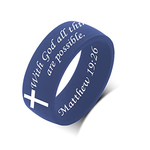Shnian Broad Index Finger Ring Dark Blue Silicone Ring Christian Religious Jewelry Scripture Ring Comfortable Fit Bible Cross Matthew 19:26 Verses - Cross Wedding Ring, Size 7 To 14 #TOP29