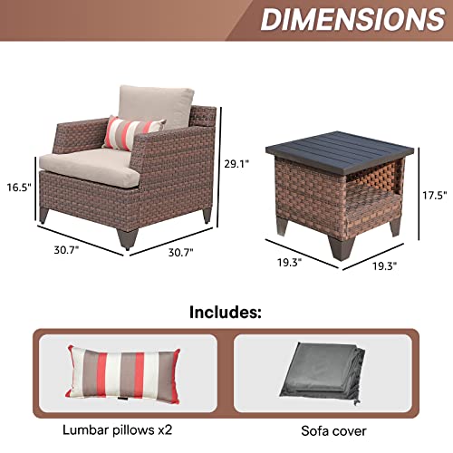 Sunsitt 3-Piece Patio Conversation Set, Wicker Outdoor Furniture Lounge Chairs And Side Table W/Aluminum Top, Beige Olefin Fabric Cushions & Brown Wicker #TOP5