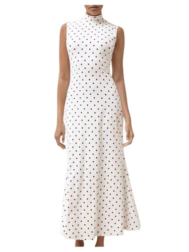 Image of Milumia Women's Polka Dots Maxi Tank Dress Vintage Mock Neck Sleeveless Elegant Long Dresses