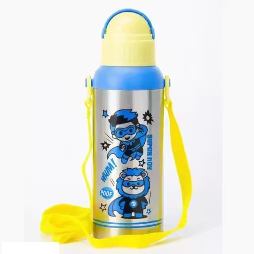 Kids Stainless Steel Water Bottle 475ml with Straw & Sling | Leak Proof Non Insulated Bottle for School | Cartoon Printed Sipper Bottle for Boys & Girls (Yellow/Blue)