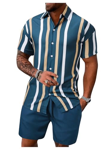 COZYEASE Men's 2 Piece Striped Outfit Short Sleeve Button Down Shirt Drawstring Waist Shorts Set