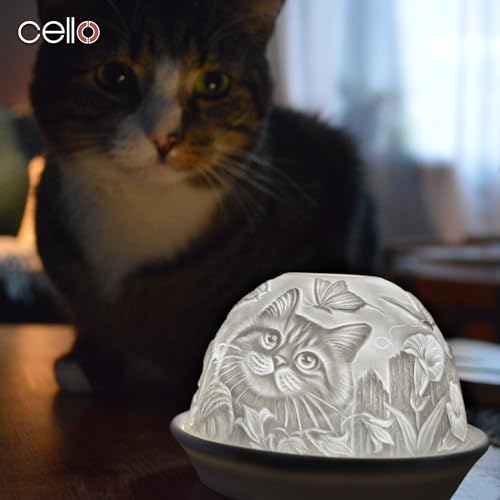 Cello Porcelain Tealight Holder Dome - Cat Design Design with 3D Projection Image & Message Scented Unscented LED Candle Wax Warmer Animal Lovers Nature Gifts Ornament Home for Women Mom Easter