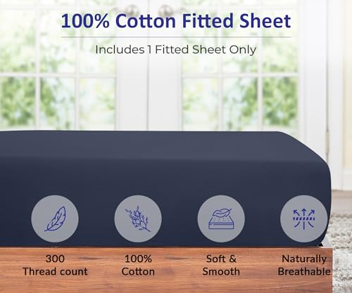 Image of ROYALE LINENS 300 Thread Count 100% Long Staple Combed Cotton Fitted Sheet California King - Super Soft Deep Pocket Bottom Sheet - Fitted Sheets Only - Elastic Sheets (Cal King, Navy)