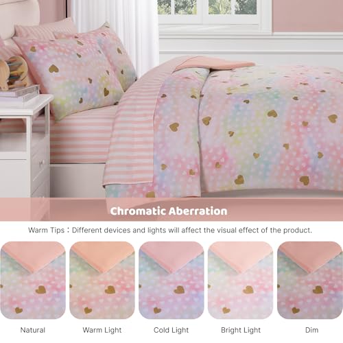 Full Size Comforter Sets with Sheets for Girls-7 Pieces Full Size Bedding Sets with Pink Comforter, Sheets, Pillowcases & Shams for Kids (Colorful Gold Heart, 76" X 86")