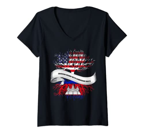 Damen American Grown With Cambodian Roots T-Shirt Tolles Geschenk Tee T-Shirt mit V-Ausschnitt