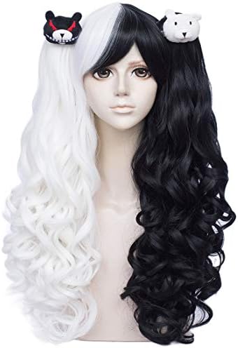 Black and White Wig + Bear Clips Female Cosplay with Pigtails Long 2 Tone Gothic Wigs with Bear Clips + Cap