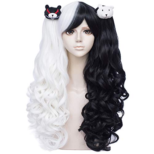Black And White Wig + Bear Clips Female Cosplay With Pigtails Long 2 Tone Gothic Wigs With Bear Clips + Cap #TOP25