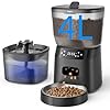 Automatic Cat Feeder and Water Fountain, 4L/16 Cups Timed Cat Dry Food Dispenser, 10s Meal Call, 20 Portions 6 Meals Per Day, 2L Cats Fountains for Drinking with Filter, Pet Feeder for Dog Black