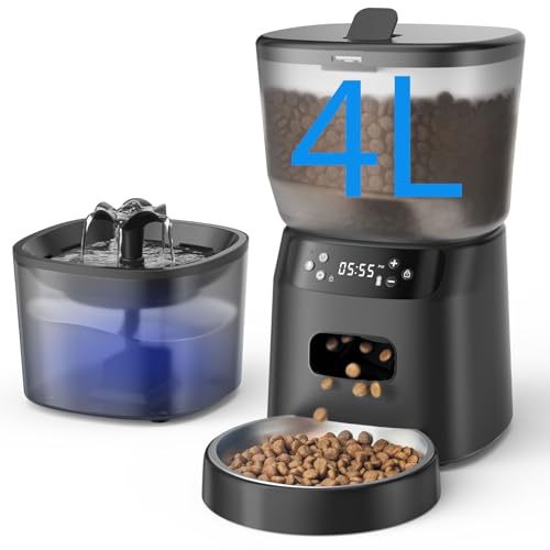 Automatic Cat Feeder and Water Fountain, 4L/16 Cups Timed Cat Dry...