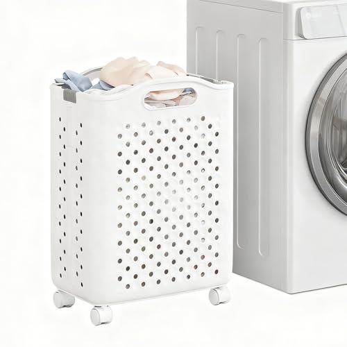 SmartMaster ランドリー バスケット 折り畳み 洗濯かご キャスター付き ランドリーボックス 運びやすく 取っ手付き 32L 大容量 通気性 幅22CM スリム 隙間収納 衣類収納 寝室 脱衣所 おしゃれ 省スペース 組立簡単 PPプラスチック 軽量 防水 ホワイト
