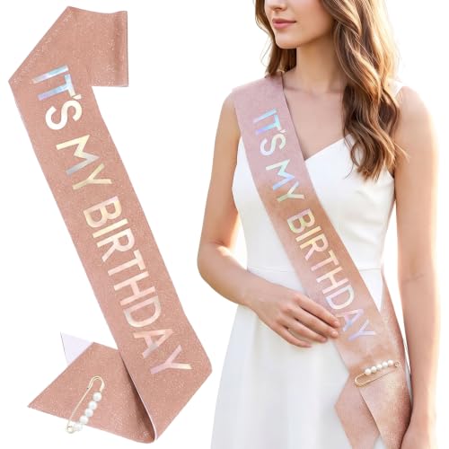 ZHBDPaty Rosegold It's My Birthday Sash Glitter with Pearl Pin for Women Girls Party Favors Decoration Gift