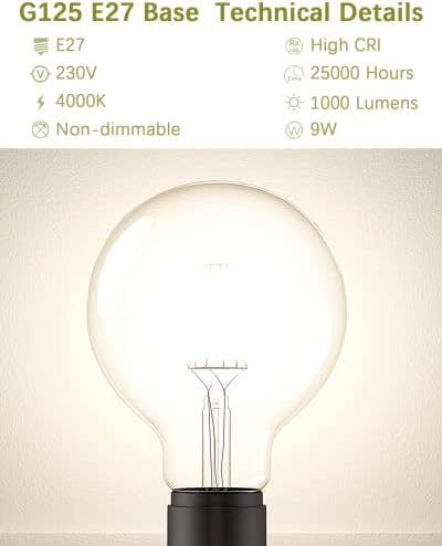 E27 G125 Filament LED Bulb 4000K Natural Light, 9W (60W Equivalent), 1000 Lumen, Large Globe Edison Bulb, Non-Dimmable, Pack of 2