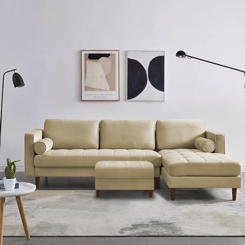Image of Lezra RHS 4 Seater L Shape Sofa Set with Center Table for Living Room (Cream Fabric) Premium Fabric Sofa