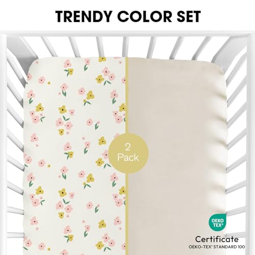 Image of Little Grape Land Crib Sheets 2 Pack for Boys and Girls, Baby Neutral Crib Fitted Sheets for Standard Crib & Toddler Mattress, Super Soft Breathable Fitted Crib Sheet Set
