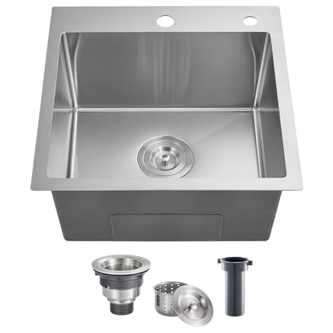 POPFLY 18 Inch Drop In Kitchen Sink, 304 Stainless Steel Top mount Handmade Single Bowl Kitchen Sink 9 Inches Deep Bar Prep Sink, Brushed Nickel（18×18×9） Cover