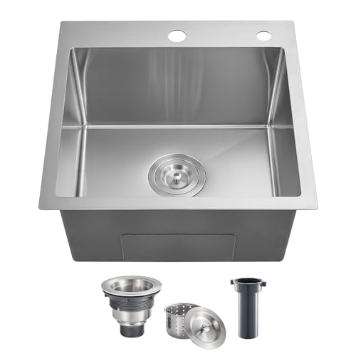 POPFLY 18 Inch Drop In Kitchen Sink, 304 Stainless Steel Top mount Handmade Single Bowl Kitchen Sink 9 Inches Deep Bar Prep Sink, Brushed Nickel（18×18×9） by POPFLY - Used condition - US$101.10