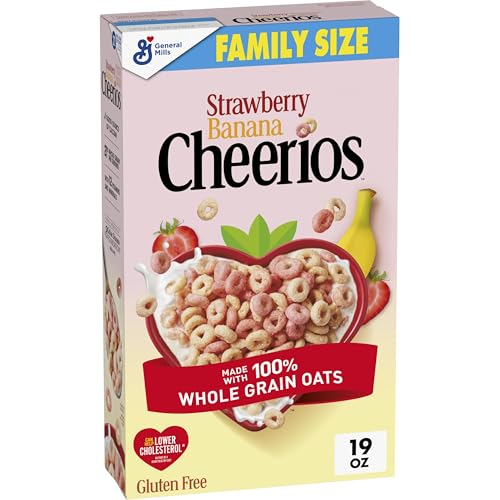 Cheerios Strawberry Banana Heart Healthy Cereal with Happy Heart Shapes Gluten Free Cereal with Whole Grain Oats Family Size 19 OZ