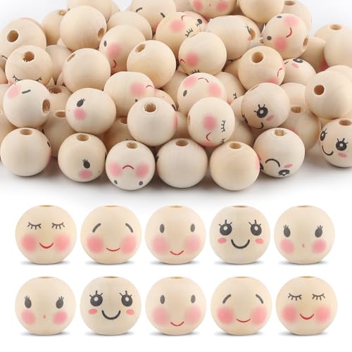 Image of 200pcs 20mm Loose Wood Bead with Faces 5 Styles Wooden Expression Beads with 4mm Hole Round Natural Wooden Beads Handmade Wood Bead for Necklace Bracelet Stringing Making DIY Crafts (02)