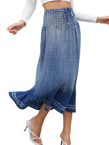 Women's Denim Boho Maxi Skirts Elastic High Waist Ruffle Tied A Line Flowy Long Jeans Skirts
