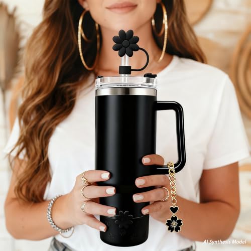 Hpebl 7Pcs Cup Accessories for Stanely Cups 40&30oz Black Flower Silicone Boot Straw Covers Toppers 10mm(0.4in) Spill-Proof Stopper Set Handle Charm for Stanely Cup Tumbler Accessorises — view 5
