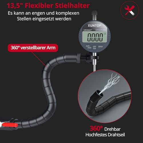 XUNTOP Digital Messuhr Präzisions Messuhr Flexibler Arm mit Magnetfuß Hochpräzisionsmessuhr 176lbs 0-1 Inch/25.4 mm für Industrieanwendungen