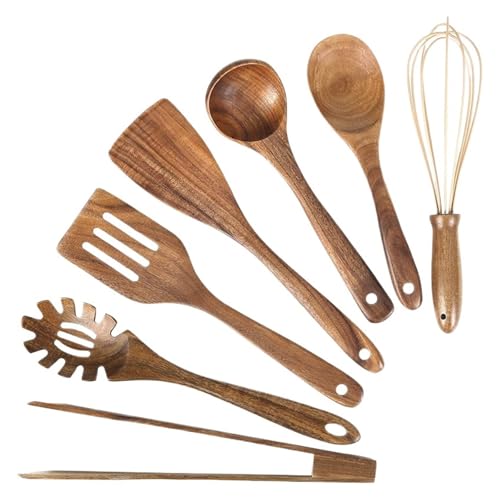 7/10 Pack Wooden Kitchen Utensil Collection: Spoons and Spatula for Baking and Cooking (7 Pcs)