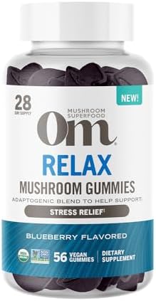 OM Mushroom Superfood Relax Gummies, Stress Relief Support with Reishi & Ashwaganda Extract, Blueberry Gummy Supplements, 28 Servings