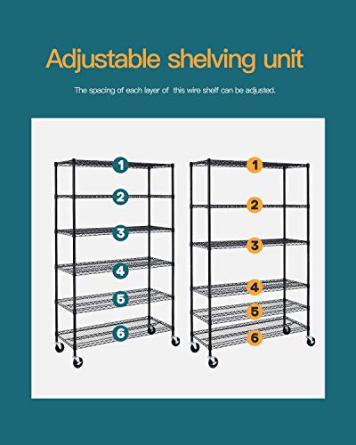 Bestmassage Wire Shelving Unit Heavy Duty Garage Storage Shelves Large Metal Shelf Organizer 6-Tier Height Adjustable Commercial Grade Utility Steel Storage Rack With Wheels,18 X 48 X 72 (Black) #TOP4