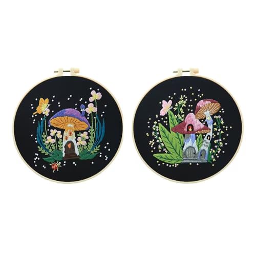 LOTGET Mushroom Embroidery kit with Patterns and Instructions for Beginners Cross Stitch Kits for Adults, Including Plastic Embroidery Rings, Colored Threads and Needles Tools (Mushroom)