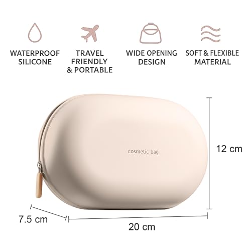 Image of Silicone Makeup Bag, Makeup Brush, Lipstick & Cosmetic Item Carry Pouch,Portable Makeup Brush Bag, Waterproof Travel Toiletry Bag with Zipper Closer,Silicone Travel Pouch (Beige)
