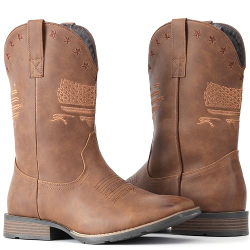 Image of IUV Cowboy Boots For Men Wide Western Boot Traditional American Flag Retro Square Toe Country Work Boots