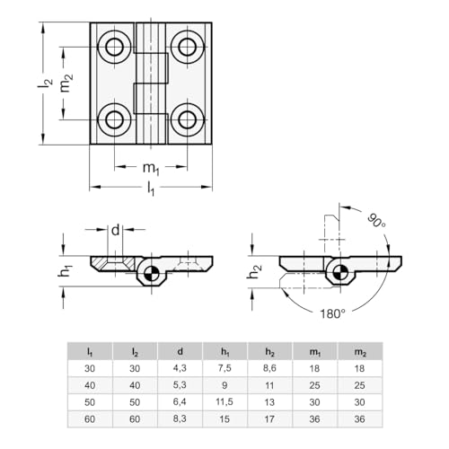 Ganter Normelemente GN 237-NI-60-60-A-GS Hinges 237-NI-60-60-A-GS-Hinges, Stainless Steel, matt Blasted, Länge l1: 60mm Länge l2: 60mm - Image 2