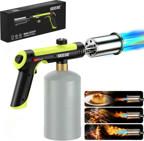 SEESE Powerful Propane Torch Gun,Kitchen Cooking Torch With One-Touch Max Fire, Charcoal Lighter with a Safety Lock, Adjustable Blow Torch for Sous Vide, BBQ, Campfire, Fireplace(Tank Not Included)