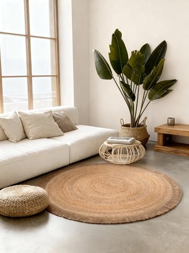 Hanse Home Nuru Juteteppich - Natur Wohnzimmereppich Rund aus 100% Jute, Handgewebt mit Fransen - Robust & Pflegeleicht - Boho Naturfaser Teppich für Wohnzimmer, Schlafzimmer - Natur Gold, Ø150cm
