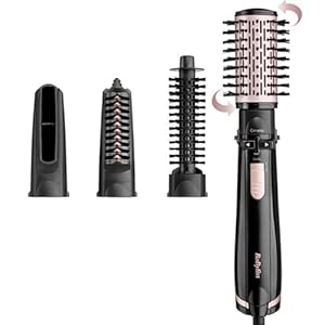 BaByliss Dry, Straighten and Style - Rotierende Warmluftbürste, 1000W Ionen Rundbürstenföhn mit 4 Aufsätzen zum Föhnen, Glätten, Volumen kreieren, Schwarz, AS200E